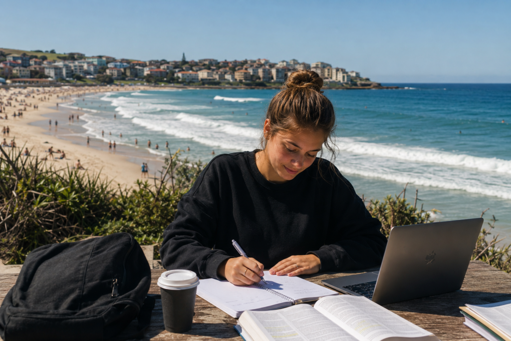Student studying with coffee in front of Bondi Beach