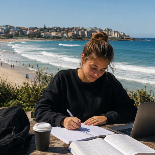 Student studying with coffee in front of Bondi Beach
